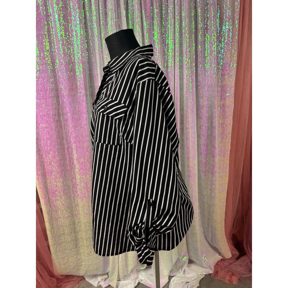 Notations Woman Black White Striped Roll Tab Sleeve Button Down Shirt 1X - Picture 5 of 12